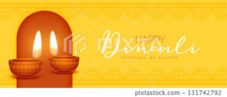 indian festive happy diwali yellow banner design 131742792