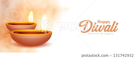 realistic happy diwali wishes banner with glowing diya 131742932