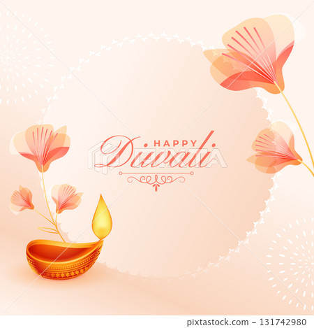 shubh diwali festive background with diya and flower 131742980