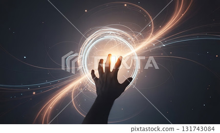 Silhouette of hand reaching towards bright light surrounded by energy swirls Silhouette of hand reaching towards bright light surrounded by energy swirls 131743084