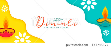 wavy style happy diwali wishes banner with artistic diya 131743177