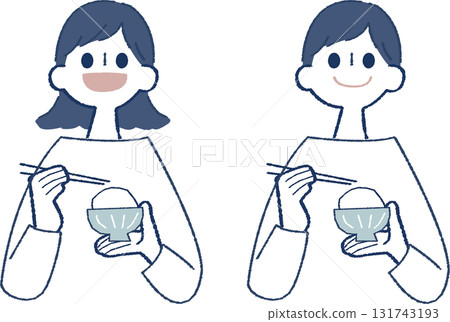 Illustration of a man and woman holding a bowl of rice and chopsticks Illustration of a man and woman holding a bowl of rice and chopsticks 131743193