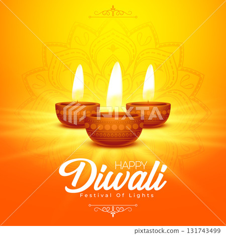 beautiful happy diwali holiday card with realistic diya 131743499