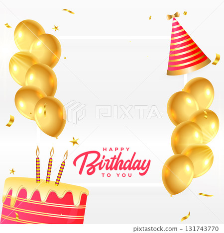 happy birthday eve cake background with golden balloons and cap design 131743770