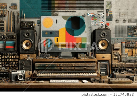 Eclectic Workbench With Electronics and Computer 131743958