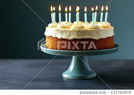 Birthday cake with candles on a stand. Celebration and festive occasion. Birthday cake with candles on a stand. Celebration and festive occasion. 131743974