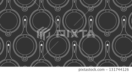 Outline Skillet on hobnail Chalk Effect Seamless pattern on Dark Backdrop Banner Format Kitchen Fond 131744126