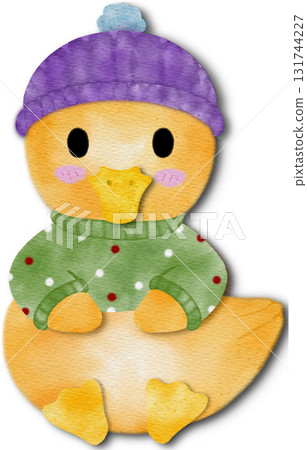 Cute yellow duckling with Christmas decorations and roller skates. Christmas illustration of a yello 131744227