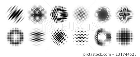 Halftone radial gradient collection. Dotted texture round patterns. Comic faded circles background set. Abstract pixelated element pack for frame, poster, collage, banner, flyer. Vector cartoon bundle 131744525