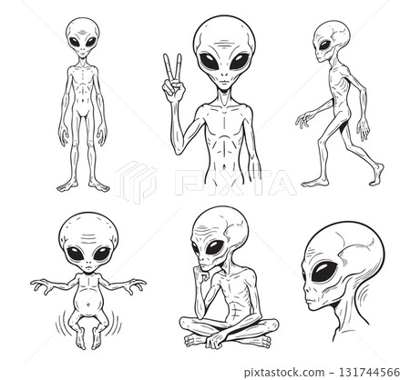 Collection vector of classic grey alien figures in various poses standing, walking, sitting, and a peace sign, in line art style. 131744566