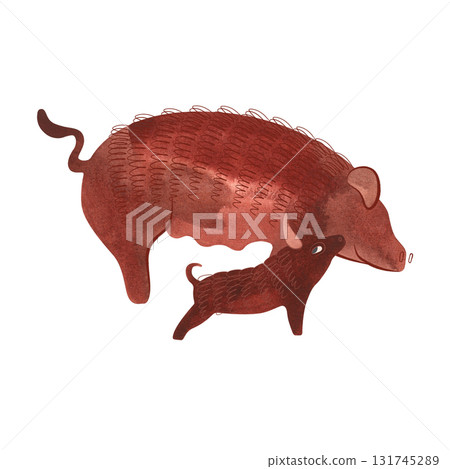 Duroc hog with piglet. Farm animals, livestock. Characters for an article about village life. Isolated watercolor illustration for a children's encyclopedia. 131745289
