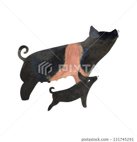 Hampshire pig with piglet. Farm animals, livestock. Characters for an article about village life. Isolated watercolor illustration for a children's encyclopedia. Hampshire pig with piglet. Farm animals, livestock. Characters for an article about village life. Isolated watercolor illustration for a children's encyclopedia. 131745291