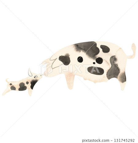 Spotted pig with piglet. Farm animals, livestock. Characters for an article about village life. Isolated watercolor illustration for a children's encyclopedia. 131745292
