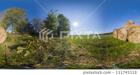 HDRI seamless spherical 360-degree panorama of straw bales. 360 degree panorama of bushes overlooking a field with bales of straw 131745318