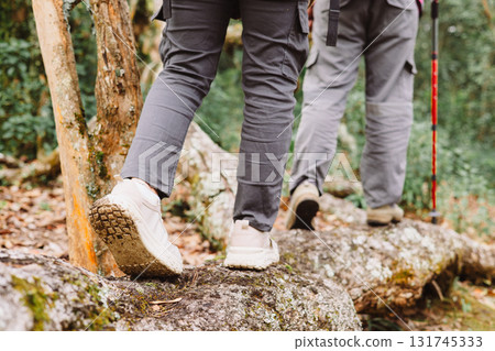 Close up of hiker walking on tree trunk in forest, symbol of adventure, exploration, balance, outdoor lifestyle, trekking, challenge and journey through nature with hiking boots. hiking adventure Close up of hiker walking on tree trunk in forest, symbol of adventure, exploration, balance, outdoor lifestyle, trekking, challenge and journey through nature with hiking boots. hiking adventure 131745333