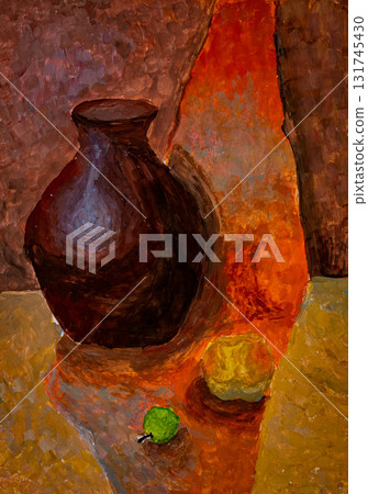 Art showing a dark pot with citrus fruits on a warm background Art showing a dark pot with citrus fruits on a warm background 131745430