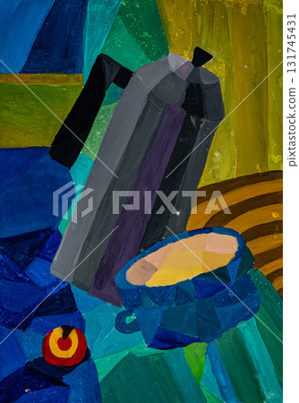 Brightly colored still life featuring a coffee pot and bowl on a table Brightly colored still life featuring a coffee pot and bowl on a table 131745431