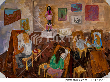 Creative students sketching and painting in an art studio setting Creative students sketching and painting in an art studio setting 131745432