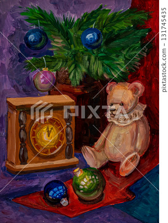 Colorful holiday scene with a teddy bear, clock, and vibrant ornaments 131745435
