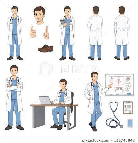 Male doctor, medical worker, therapist in hospital. Character constructor for animation. Front, side and back view set. Body parts, postures, poses collection. illustration design. 131745948