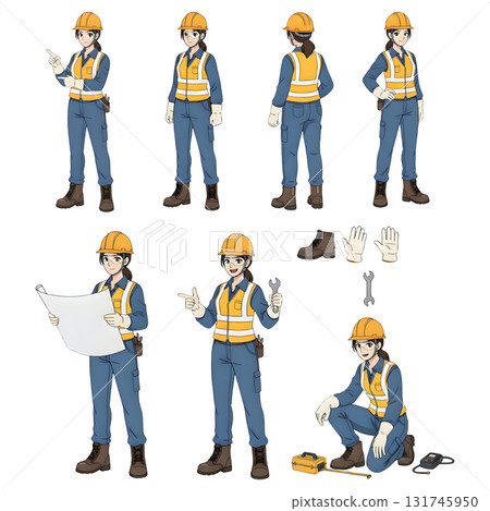 Civil engineer wearing hard hat holding construction project drawing. Character constructor for animation. Front, side and back view set. Body parts, postures, poses collection. illustration design. 131745950