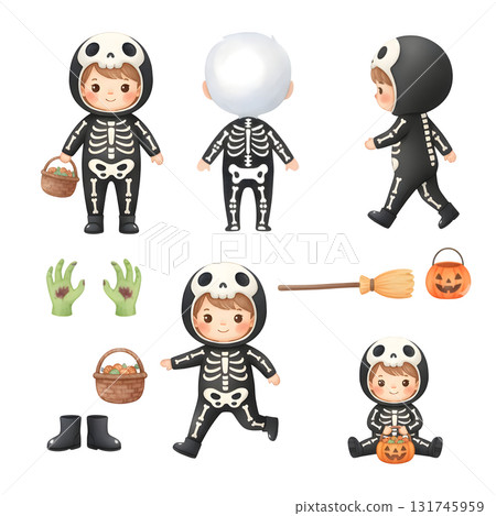 Halloween character set. character constructor for animation. Front, side and back view set. Body parts, postures, poses collection. Watercolour illustration design Halloween character set. character constructor for animation. Front, side and back view set. Body parts, postures, poses collection. Watercolour illustration design 131745959