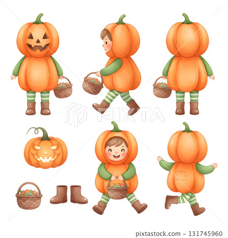 Halloween character set. character constructor for animation. Front, side and back view set. Body parts, postures, poses collection. Watercolour illustration design 131745960