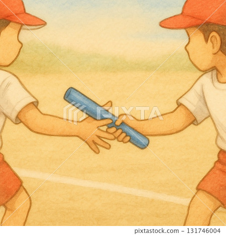 The moment of passing the baton (sports day/teamwork) Line drawing illustration - Generative AI 131746004