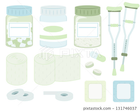 包括藥品和繃帶在內的醫療用品套裝的可愛插圖 包括藥品和繃帶在內的醫療用品套裝的可愛插圖 131746037