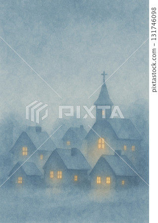 雪霧中的小鎮與教堂燈光｜Winter Village Church in Snowy Mist 131746098