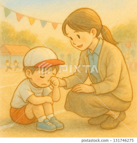 運動會－老師鼓勵哭泣的孩子（柔和色彩/線條畫） 131746275