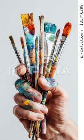 Hand holding colorful paintbrush, artist tool, creative, close up, vertical, paint splatter 131746298