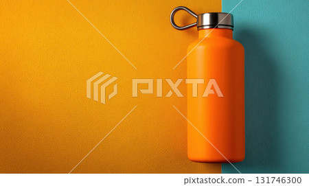 Orange reusable water bottle vibrant yellow and blue background, modern and eco friendly design Orange reusable water bottle vibrant yellow and blue background, modern and eco friendly design 131746300