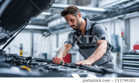 A car mechanic technician repairs a car in an auto repair shop. Generative AI. A car mechanic technician repairs a car in an auto repair shop. Generative AI. 131746301