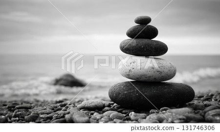 Balance and harmony black and white stones stacked perfectly on beach, peaceful nature scene 131746306