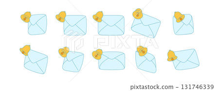 Envelope notification icon 3D vector with paper mail and alert bell, set of blue envelopes in different angles. Isolated design for email, message, communication and digital office concept 131746339