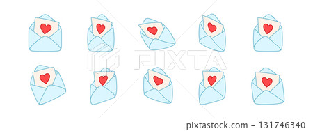 Envelope vector illustration with love letter and heart. Cute envelope set shown in different angles and views, perfect for valentine, wedding, greeting, romantic card and creative design 131746340