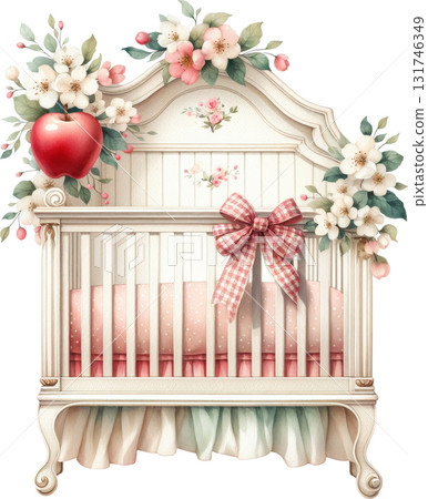 A charming baby crib adorned with flowers a red apple and a gingham bow 131746349