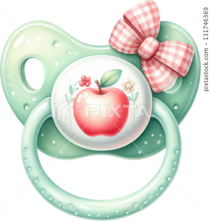 Adorable pastel green baby pacifier with a red apple and pink bow 131746369