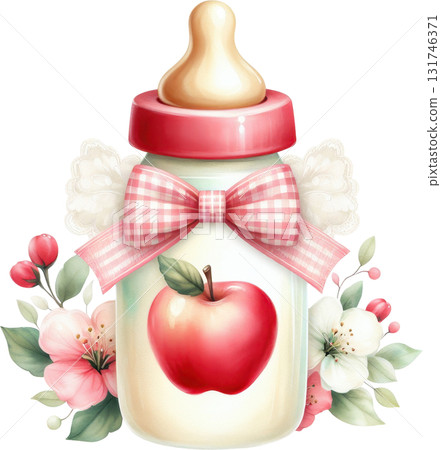 Charming baby bottle with a red apple and pink bow Charming baby bottle with a red apple and pink bow 131746371