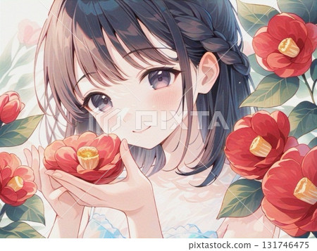 少女與山茶花的水彩插圖 12 131746475