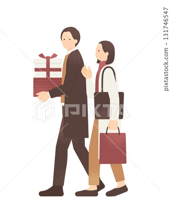 Vector illustration of a couple talking while walking in a winter city. Men and women buying Christmas presents 131746547
