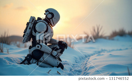 一名機器人士兵在雪地裡沐浴著清晨的陽光 131746552