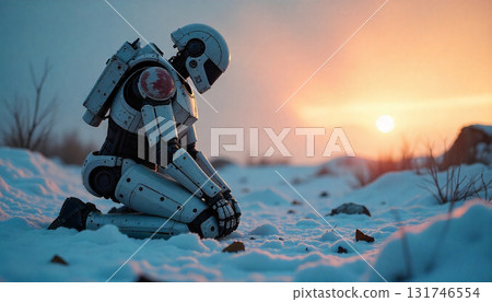 機器人士兵直立在雪地上 131746554