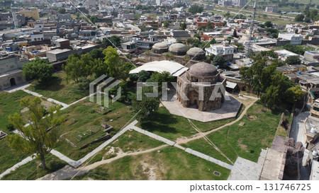 Aerial view of historic Rawat Fort Pakistan showing Mughal heritage fortress architecture and surrounding countryside landscape Aerial view of historic Rawat Fort Pakistan showing Mughal heritage fortress architecture and surrounding countryside landscape 131746725
