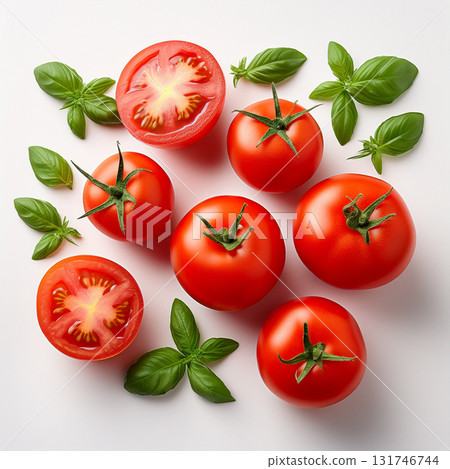 Still life of fresh red tomatoes and basil 131746744