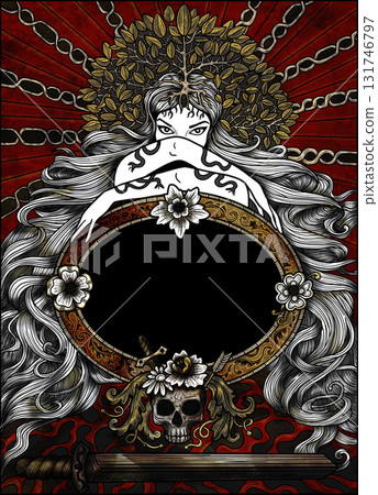 Fantasy engraved colorful illustration with beautiful girl with long hair and floral patterns for print, tarot cards, book cover. Mystic, epic and vintage concept 131746797