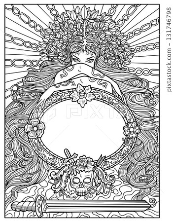 Fantasy engraved line art illustration with beautiful girl with long hair and floral patterns for coloring page, tattoo, print, tarot cards, book cover. Mystic, epic and vintage concept 131746798