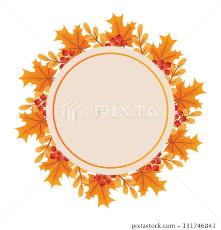Autumn wreath frame with orange leaves and berries. Fall decoration and seasonal design Autumn wreath frame with orange leaves and berries. Fall decoration and seasonal design 131746841