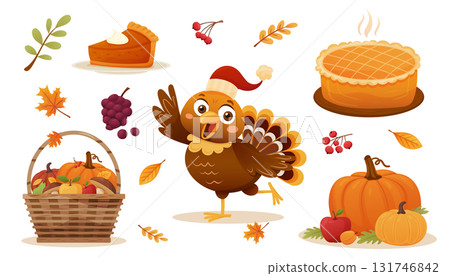 Happy turkey wearing hat surrounded by pies, fruits, pumpkins, basket, and autumn leaves, festive theme Happy turkey wearing hat surrounded by pies, fruits, pumpkins, basket, and autumn leaves, festive theme 131746842